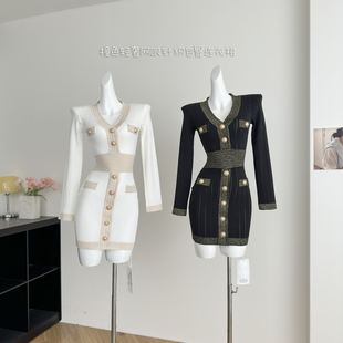 LDTJ高定 25秋名媛气质小香风撞色轻奢网眼针织包臀连衣裙女