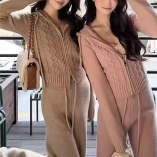 尺寸更新麻花针织套装女秋冬针织连帽开衫外套阔腿裤毛衣两件套