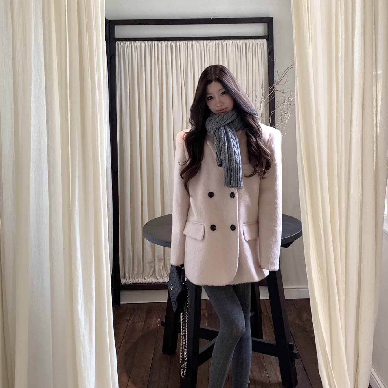 ffcheer韩剧女主 粉色羊毛呢西装外套女秋冬厚短款呢子大衣小个子