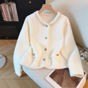 高级重工钉珠针织上衣 开衫 法式 小香风软糯毛衣外套女秋冬白色短款