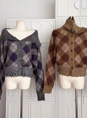wooha 吾哈2025冬季新款复古百搭甜辣宽松格纹毛衣女