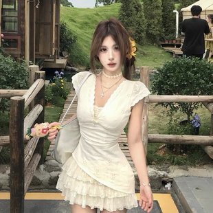 收腰裙子蕾丝 Mejiu蜜九蕾丝泡沫假两件甜美纯欲连衣裙女夏季
