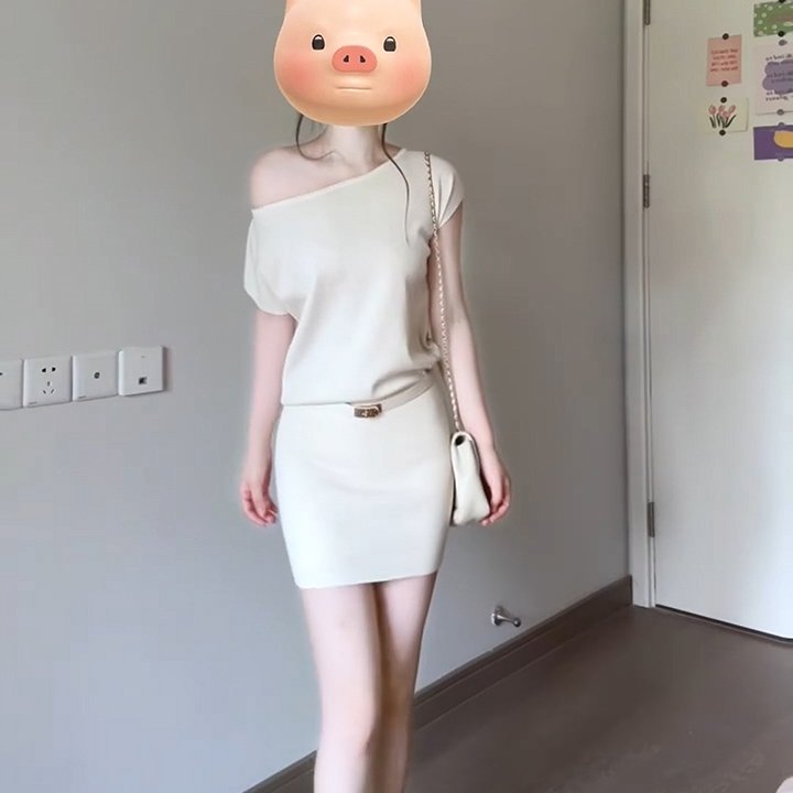 现货 素颜女主20斜边针织连衣裙送皮带纯欲性感时尚夏季短裙