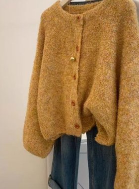 黄色毛衣针织开衫外套女早秋季2025新款高级感慵懒巨超好看上衣冬