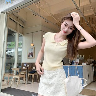 曾小咸 淡黄色polo衫正肩短袖t恤女夏修身短款小飞袖针织上衣2026