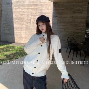 韩系限定款 女秋冬潮牌宽松慵懒毛衣外套 刺绣标羊毛高领针织开衫