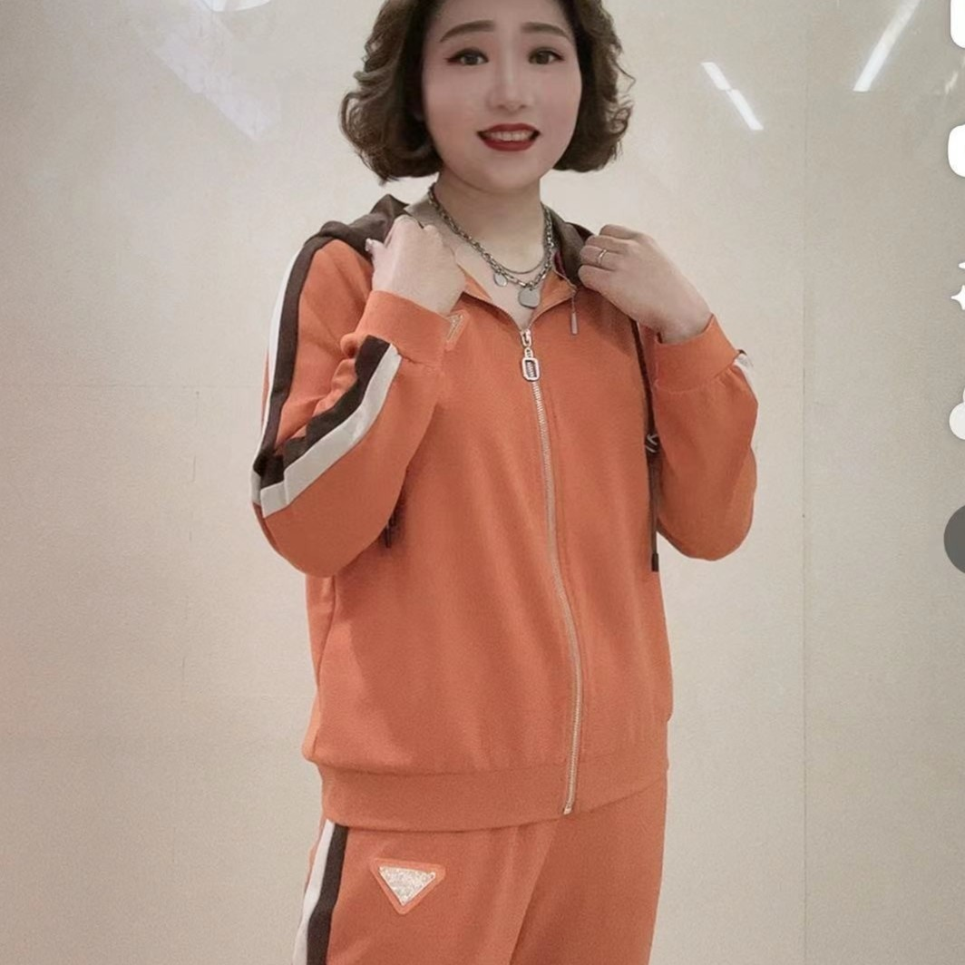 秋款上新时尚休闲大码拉链开衫连帽运动套装拼接撞色长袖两件套