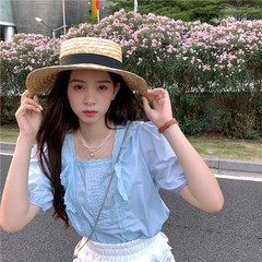 Real price design light familiar style shirt 2021 new style Square Neck Lace fungus lace bubble short sleeve top