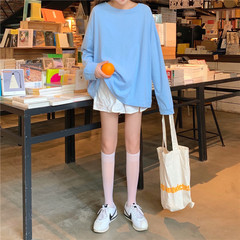 Real price real shot Korean version simple candy color solid loose round neck versatile long sleeve T-shirt 8880#