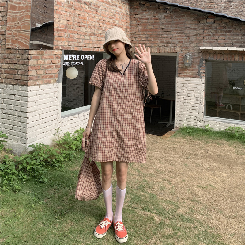 Real price real shot 2021 new Korean loose and thin Plaid Dress + children's backpack