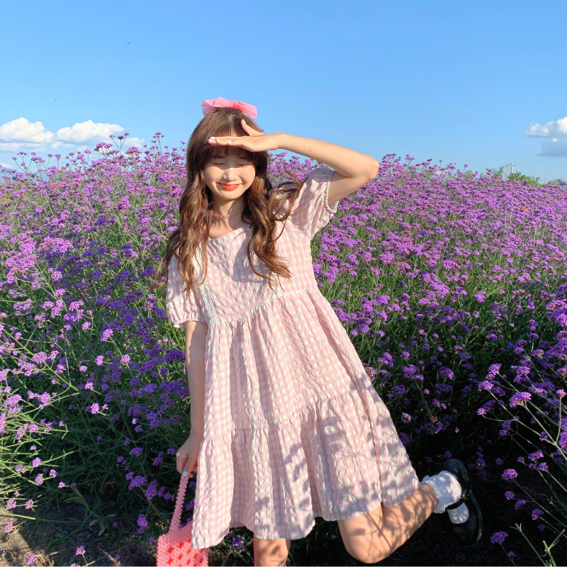 Real price retro French niche square collar lace stitching open back Plaid medium length dress