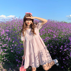 Real price retro French niche square collar lace stitching open back Plaid medium length dress