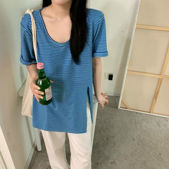 Real price real shot Korean stripe simple design sense of foreign style careful machine split loose versatile thin T-shirt