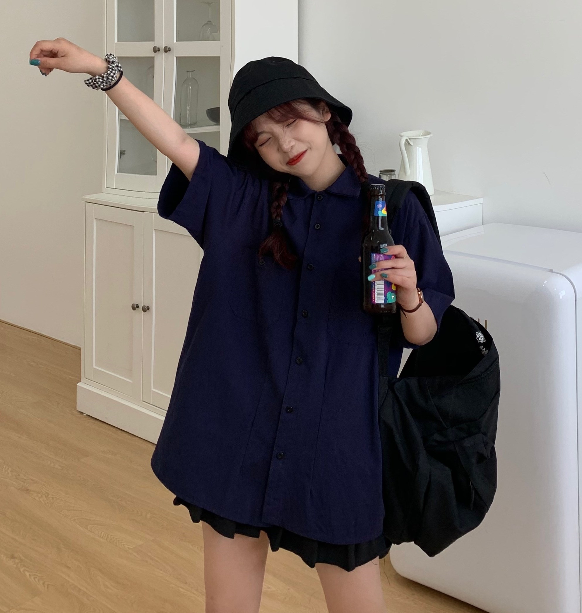 Real price photo of South Korea commuter solid color thin short sleeve pocket overalls Shirt Top