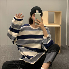 Real price real shot striped T-shirt long sleeve loose Korean splicing Pullover Top lady