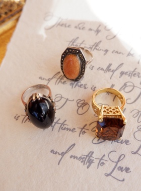 Vintage夸张戒指黑色琉璃茶色方糖天然石老银女式