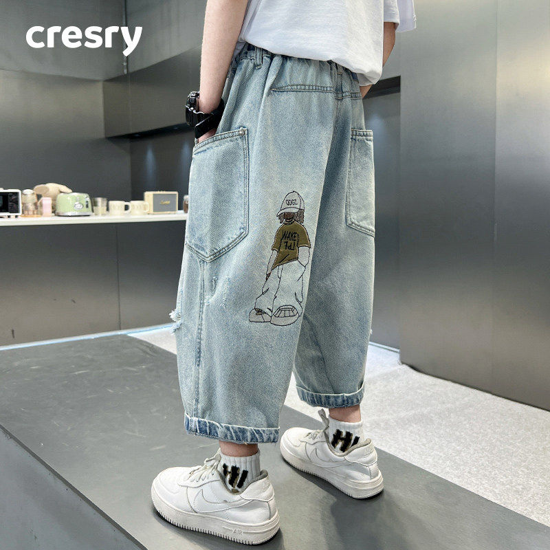 韩国CRESRY童装男童破洞牛仔中裤夏款2025新款中大童夏装七分裤潮
