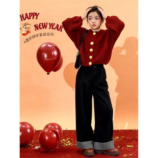 法国Uamtor女童冬装套装2025新款中大童本命年毛衣裤子加绒两件套