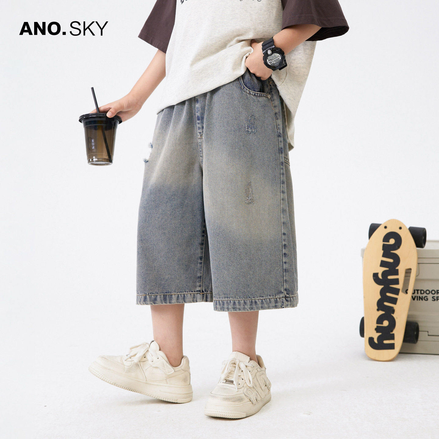 anothersky【渐层】男童直筒裤子2026新款儿童夏装破洞软牛仔短裤