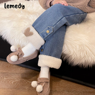 子加厚一体绒棉裤 韩国Lemedy女童加绒牛仔裤 女宝宝裤 2025新款 冬季
