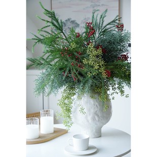 混搭插花鲜花水养真花新鲜松枝鲜切松树枝雪花松冬青红果花瓶插花