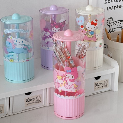 可爱卡通多功能桌面旋转笔筒弹压按压式美乐蒂凯蒂猫分隔收纳桶