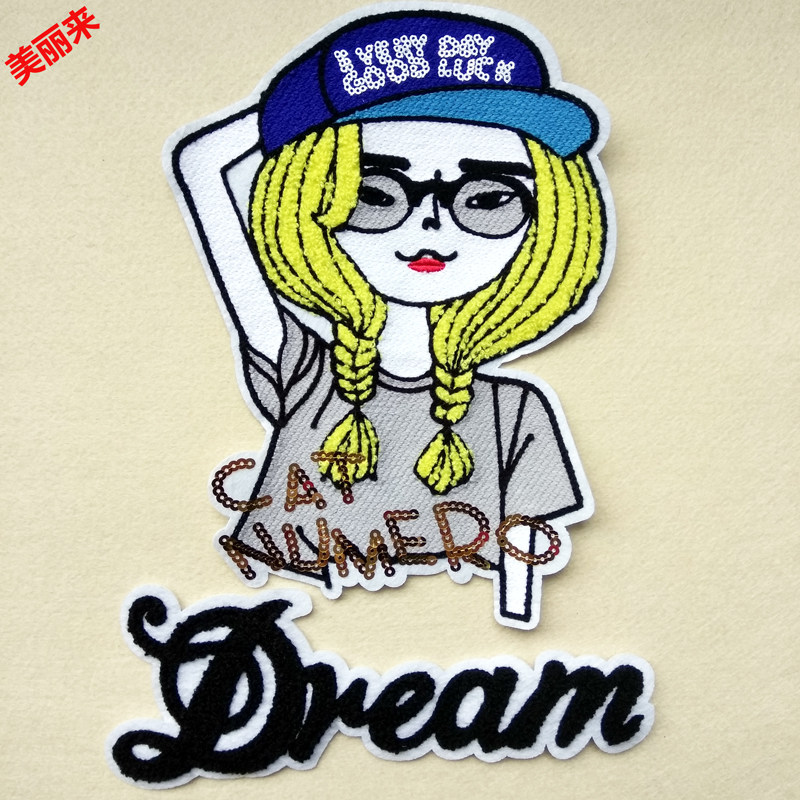 大号字母女孩卡通布贴修补丁贴布衣服前胸后背diy装饰贴花需缝制