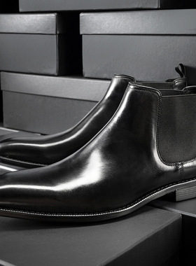 轻奢英伦男士真牛皮商务皮靴低帮休闲软面婚礼复古潮流切尔西男鞋