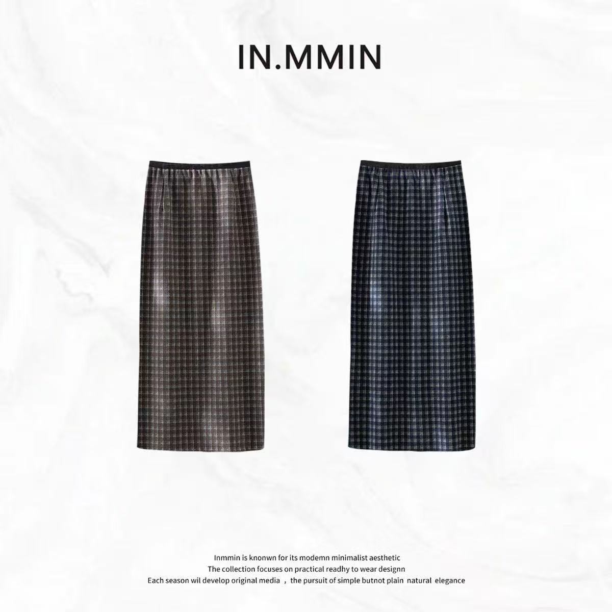 IN.MMIN 秋季新款格子松紧腰后开叉气质百搭长裙-bq5267