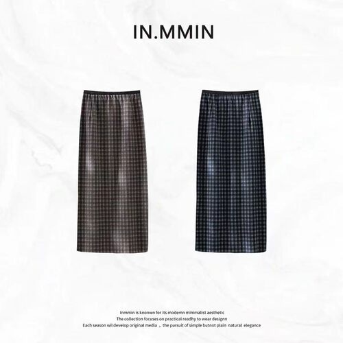 IN.MMIN 秋季新款格子松紧腰后开叉气质百搭长裙-bq5267