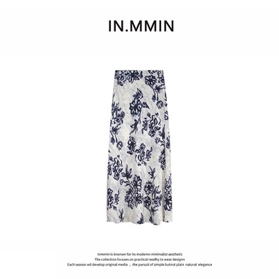 INMMIN 春季新款时尚气质百搭高腰显瘦兰花印花半身裙