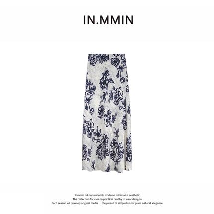 INMMIN 春季新款时尚气质百搭高腰显瘦兰花印花半身裙