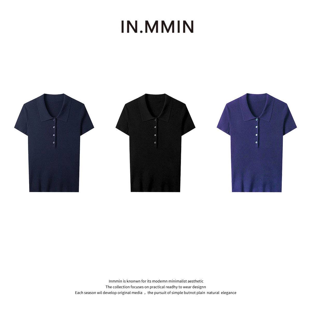 INMMIN 韩版100天丝气质POLO领百搭显瘦半开领系扣气质上衣