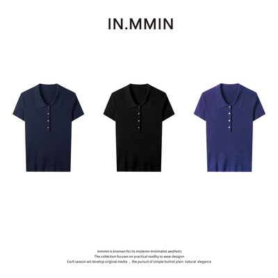 INMMIN 韩版100天丝气质POLO领百搭显瘦半开领系扣气质上衣