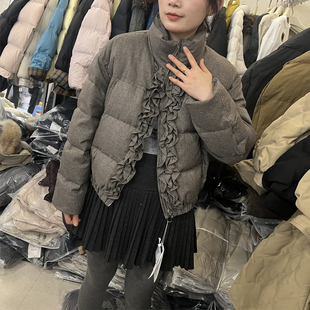 2025新款立领木耳边拉链短款白鸭绒羽绒服加厚外套女装夹克羽绒衣