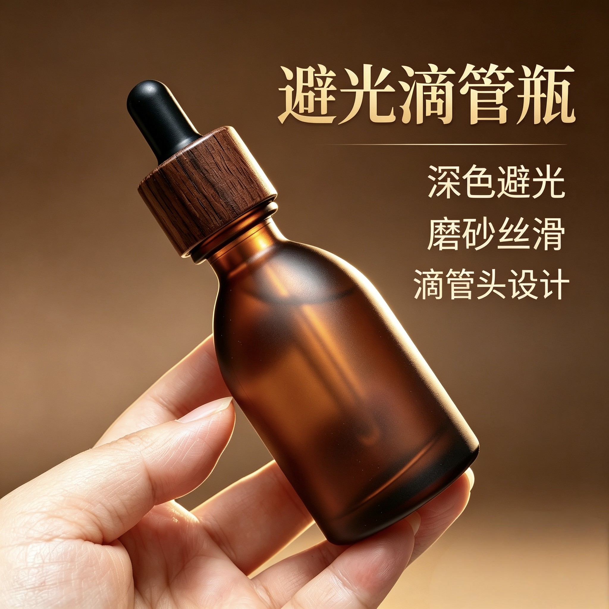 茶色磨砂玻璃滴管精油瓶胡桃木盖