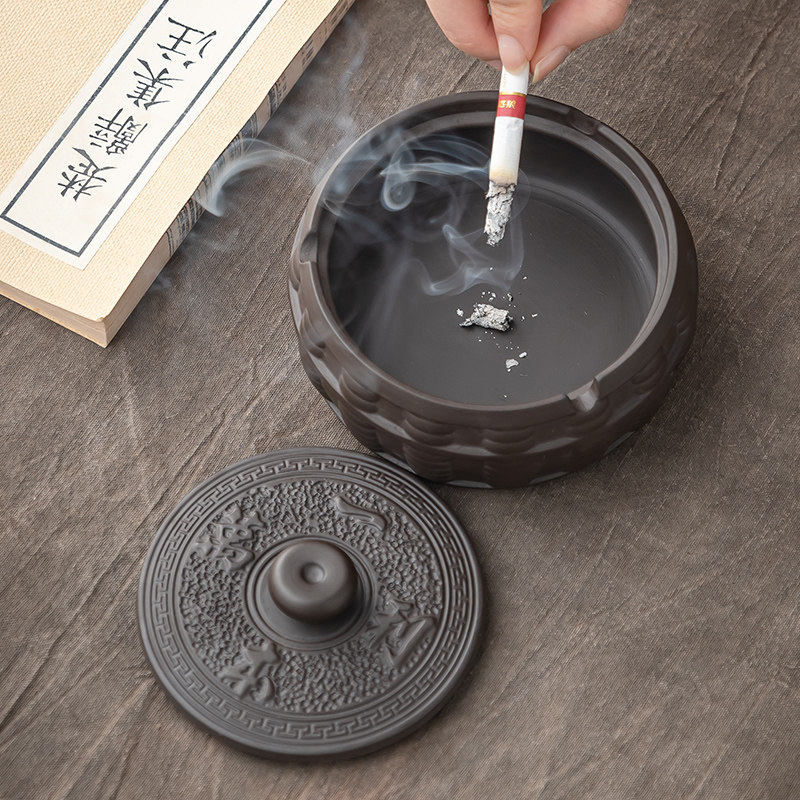 紫砂烟灰缸陶瓷家用带盖子防风客厅卧室大号中式创意复古烟缸防飞