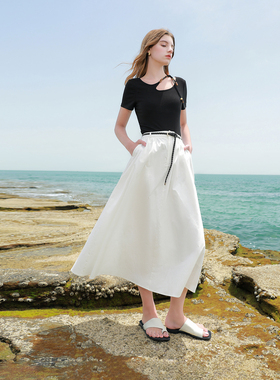 ibudu2025夏季新款高腰半身裙小白裙收腰A字裙长裙宽松女