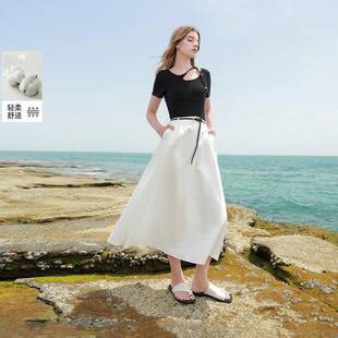 ibudu2025夏季新款高腰半身裙小白裙收腰A字裙长裙宽松女