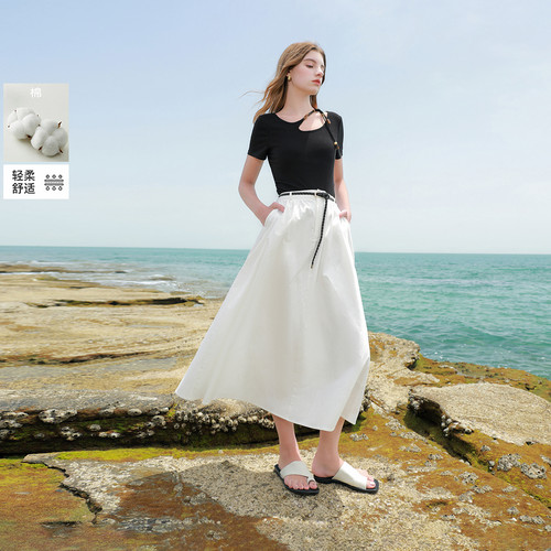 ibudu2025夏季新款高腰半身裙小白裙收腰A字裙长裙宽松女