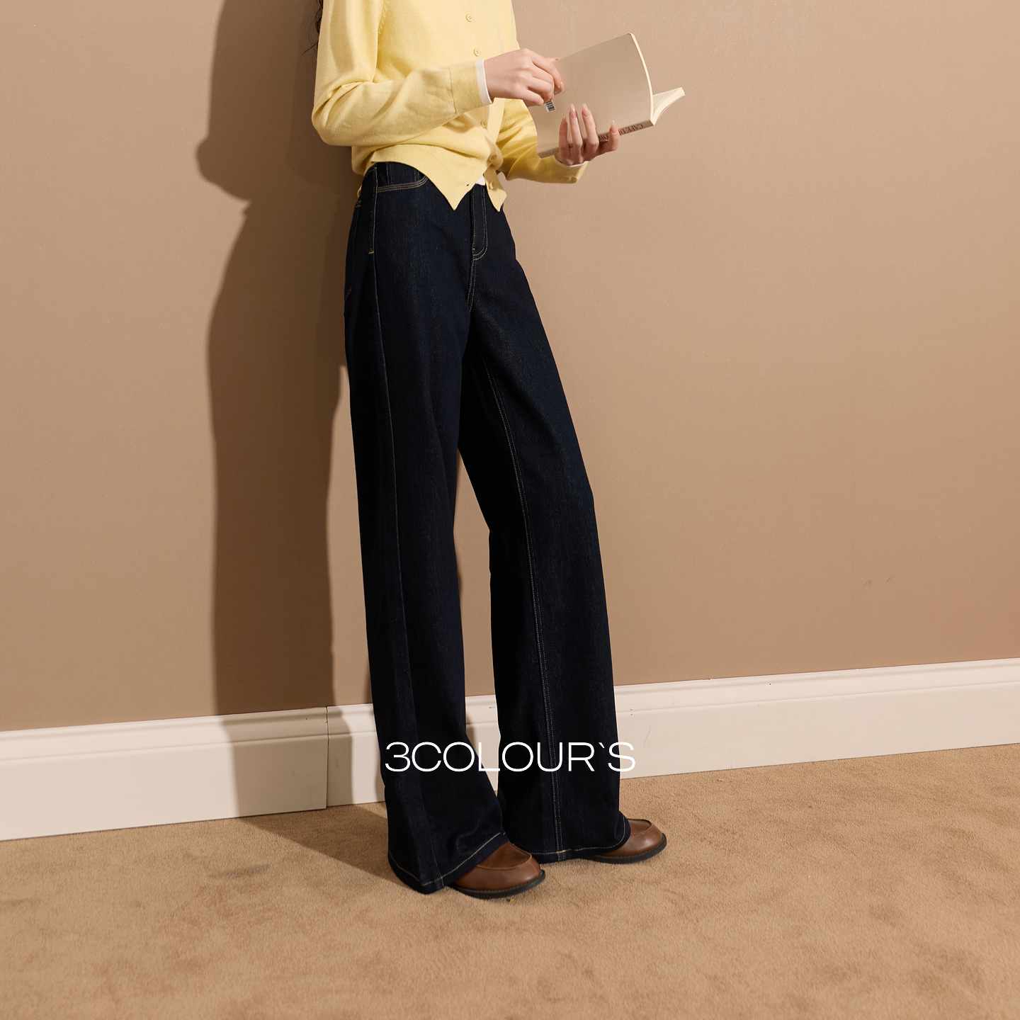 三彩2025冬季新款一体绒磨毛牛仔裤休闲裤直筒裤长裤收腰S