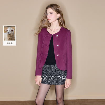 【100绵羊毛】三彩2025冬季新款双面呢大衣香风正肩短款盘扣M