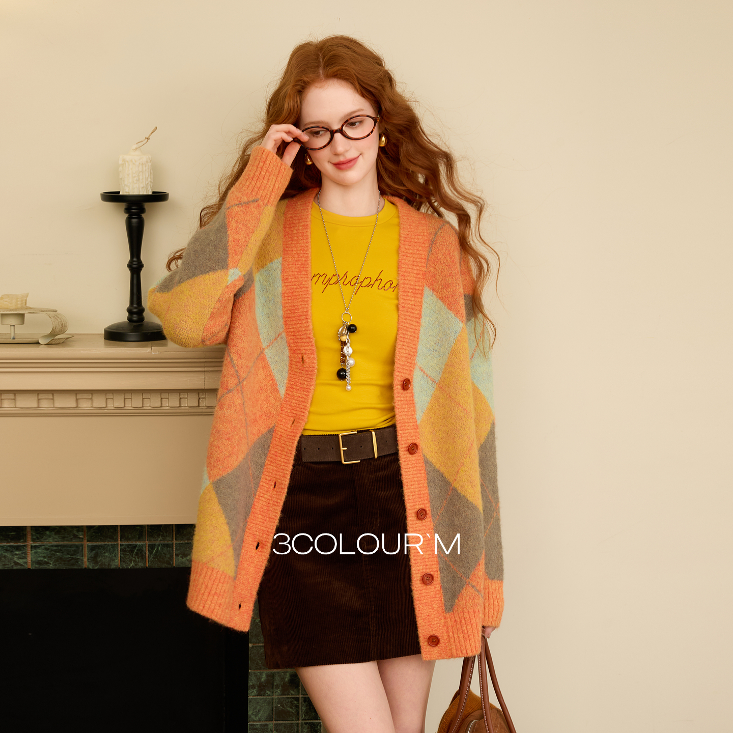 三彩2025冬季新款复古格纹V领开衫针织衫宽松落肩袖外套毛衫休闲M