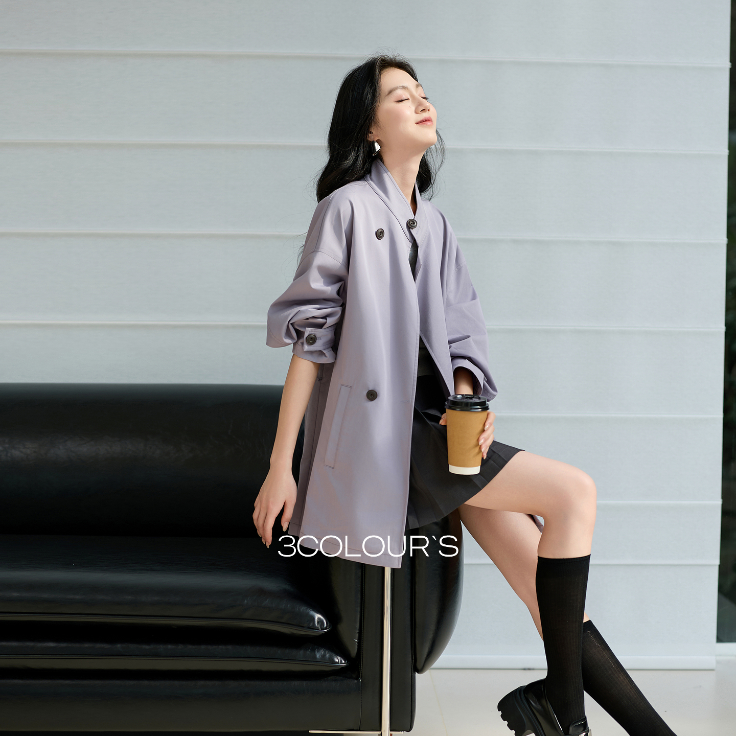 三彩2025秋季新款中长风衣外套立领宽松休闲气质通勤简约S