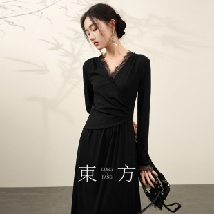 新中式 三彩 新款 2025冬季 蕾丝V领连衣裙设计感长裙C 墨染星辰