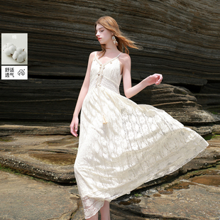ibudu2025夏季新款蕾丝吊带裙贝壳A字裙长裙度假波西米亚女