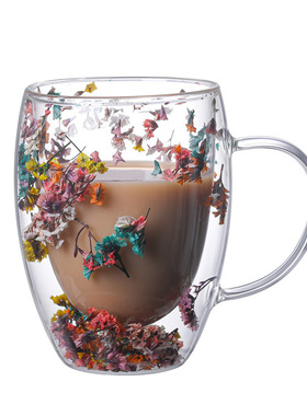 Creative Double Wall Glass Cup Real Flower Conch Flash Fille
