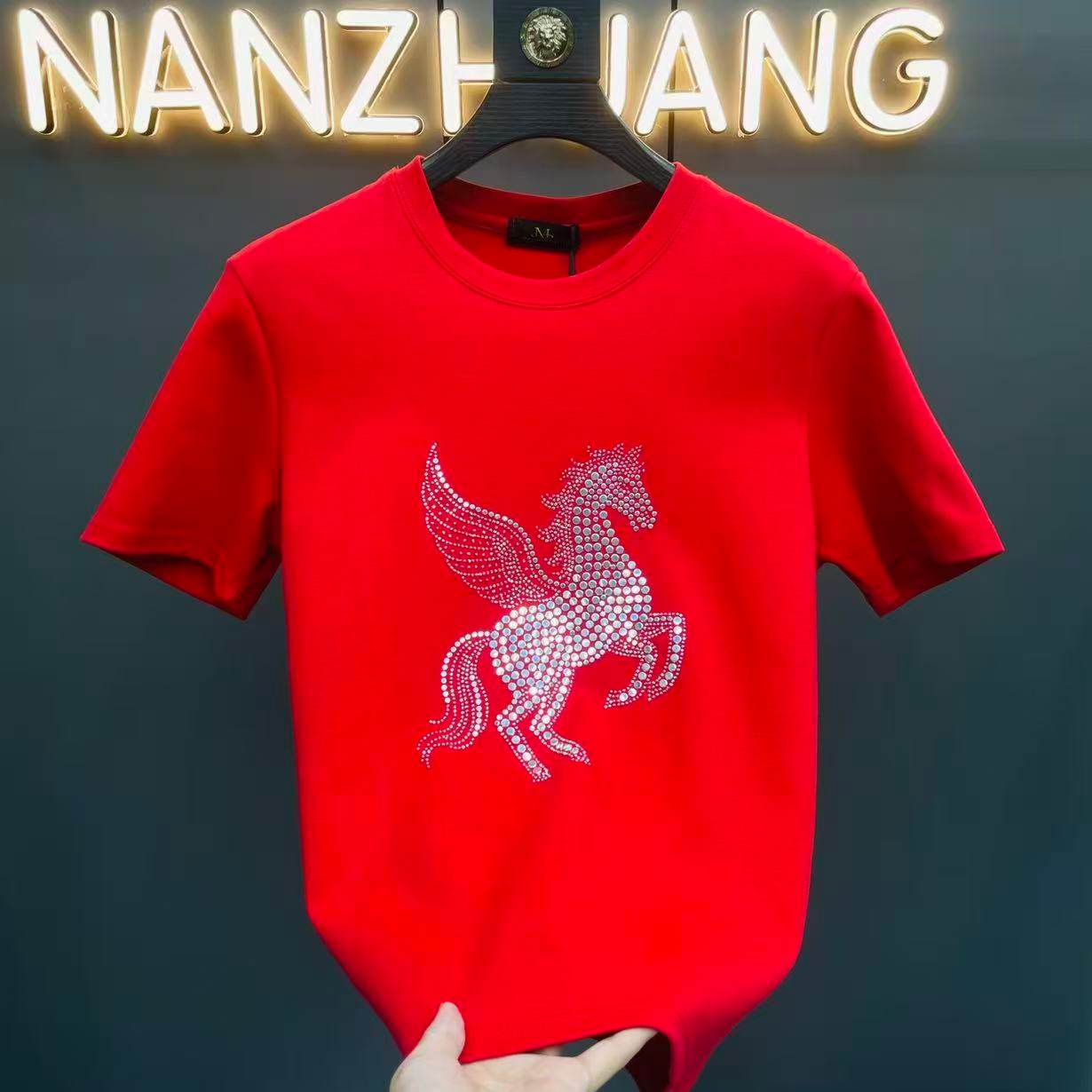 男女情侣款本命年红色短袖马年烫钻T恤上衣男士冬季加厚半袖打底