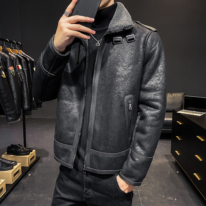 仿麂皮绒羊羔毛b3皮毛一体机车皮衣男外套大码F11-P245控298主推图片