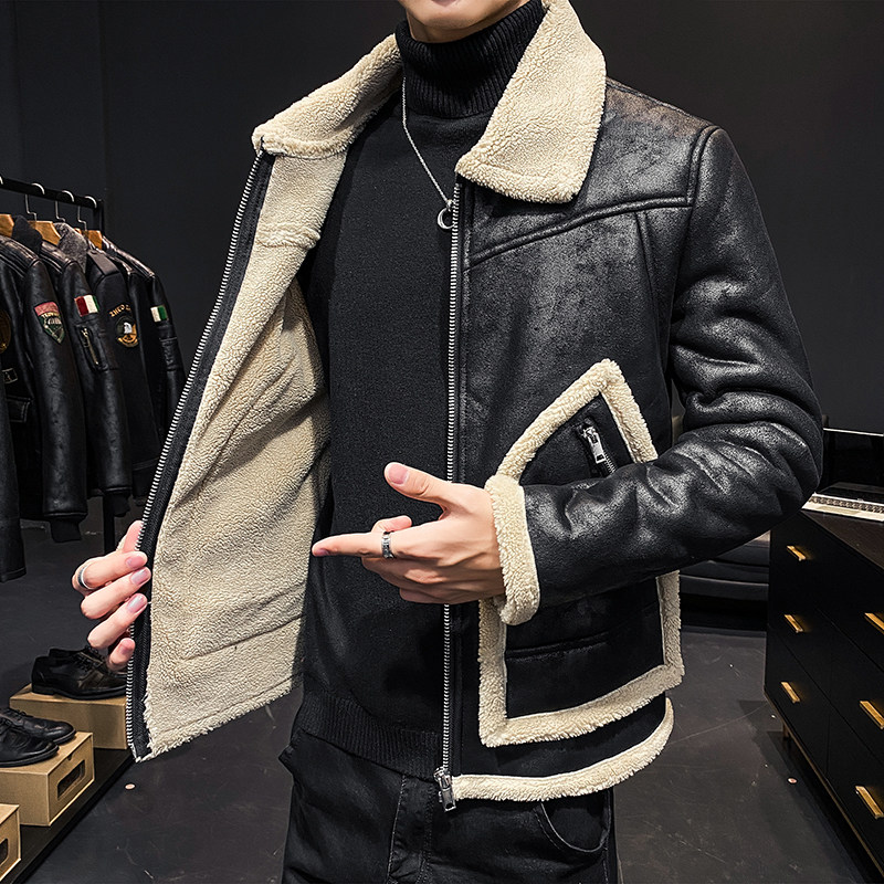 加厚羊羔毛皮毛一体男机车皮衣外套大码QT6022#F62-P245控358主推,男装夹克,电商D318(原电商B337)